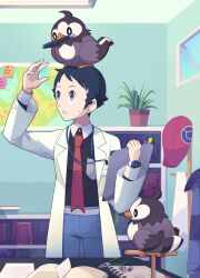  1boy absurdres alternate_costume animal_on_head arm_up belt bird bird_on_head black_hair black_shirt blue_pants bookshelf breast_pocket coat collared_shirt commentary_request grey_belt grey_eyes hachijuu_suzume hat highres holding indoors jacket lanyard long_sleeves looking_up lucas_(pokemon) male_focus necktie on_head open_clothes open_coat pants plant pocket pokemon pokemon_(creature) pokemon_dppt pokemon_on_head pokemon_platinum potted_plant red_necktie scarf shirt short_hair starly tie_clip unworn_hat unworn_headwear unworn_jacket unworn_scarf white_coat window 