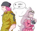  1boy 1girl beanie black_gloves blonde_hair braid choker dangan_ronpa fingerless_gloves gloves goggles goggles_on_head hands_in_pockets hands_together hat iruma_miu jumpsuit long_hair neckerchief new_dangan_ronpa_v3 pink_hair school_uniform serafuku short_hair simple_background single_braid sleeves_rolled_up souda_kazuichi super_dangan_ronpa_2 sweatdrop trait_connection translation_request upper_body white_background yurei-tekina_nanika 