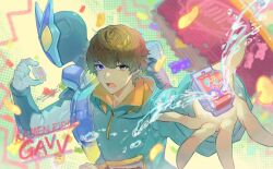  1boy armor black_bodysuit black_eyes blue_eyes blue_hoodie bodysuit brown_hair copyright_name heterochromia hood hoodie inoue_shouma kamen_rider kamen_rider_gavv kamen_rider_gavv_(series) male_focus power_armor purple_armor upper_body youmicitrustea 