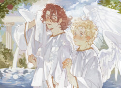  2boys angel aziraphale_(good_omens) blue_eyes blush crowley_(good_omens) good_omens highres looking_at_another luminous_slime multiple_boys redhead robe white_hair white_robe yellow_eyes 