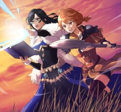  2girls black_hair book breasts commission commissioner_insert fire_emblem fire_emblem:_three_houses glasses highres holding holding_book holding_polearm holding_weapon lance large_breasts leonie_pinelli minorudonguri multiple_girls open_mouth orange_eyes orange_hair polearm skeb_commission weapon 