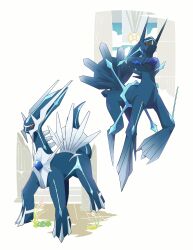  absurdres black_sclera blue_gemstone broken_pillar claws colored_sclera commentary_request dialga dialga_(origin) gem grass hachijuu_suzume highres looking_up no_humans pokemon pokemon_(creature) red_eyes spikes 