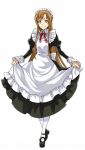  1girl asuna_(sao) brown_eyes brown_hair full_body long_hair looking_at_viewer maid maid_headdress red_ribbon ribbon simple_background skirt_hold smile solo standing sword_art_online white_background white_legwear 