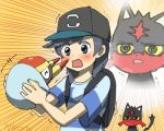  1boy backpack bag bangs baseball_cap black_hair black_hat emphasis_lines grey_eyes grubbin hat litten lowres male_focus male_protagonist_(pokemon_sm) natsuno_hamuto orange_background pokemon pokemon_(creature) pokemon_(game) pokemon_sm shirt short_hair simple_background smile solo striped striped_shirt swept_bangs t-shirt trembling upper_body wavy_mouth 