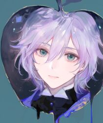  1boy apple aqua_eyes black_shirt blue_jacket close-up closed_mouth epel_felmier expressionless food fruit hair_between_eyes jacket kuzuvine looking_at_viewer male_focus medium_hair purple_hair shirt solo twisted_wonderland 