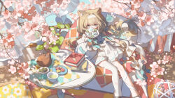  1girl animal_ears blonde_hair blue_eyes blue_ribbon book bouquet branch cherry_blossoms closed_umbrella commission cup curtains dappled_sunlight day dress ema3 falling_petals floating_hair flower food hair_intakes highres holding holding_bouquet long_hair long_sleeves looking_at_viewer original petals pink_flower pink_petals ribbon sitting solo sunlight sweets table tablecloth teacup teapot umbrella white_ribbon wind 