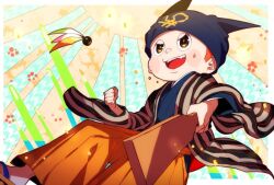 1boy alternate_costume beanie black_eyes black_hat blue_background blue_kimono blush_stickers border brown_footwear brown_hair clenched_hand commentary_request confetti danganronpa_(series) danganronpa_v3:_killing_harmony fake_horns fang fingernails floating_clothes flower foot_out_of_frame grey_haori hakama hakama_pants haori happy hat holding holding_racket horned_headwear horns hoshi_ryoma jacket japanese_clothes kimono kogarashi_8 layered_sleeves long_sleeves looking_ahead male_focus one-hour_drawing_challenge open_mouth orange_background orange_hakama outside_border pants petals playing_sports racket red_flower sandals short_hair short_kimono smile solo striped_clothes striped_jacket sweat teeth two-tone_background upper_teeth_only v-shaped_eyes vertical-striped_clothes vertical-striped_jacket white_border wide_sleeves 