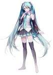  1girl absurdres aqua_eyes aqua_hair boots detached_sleeves full_body hatsune_miku headset highres long_hair necktie sketch skirt solo thigh-highs thigh_boots twintails very_long_hair vocaloid white_background yyb 