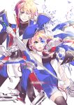  1boy 1girl blazblue blonde_hair gloves gun holding holding_weapon jin_kisaragi katana kisaragi_jin long_hair looking_at_viewer mu-12 noel_vermillion open_mouth short_hair smile sword weapon 