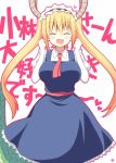  1girl :d ^_^ akane_souichi apron bangs blonde_hair blush breasts closed_eyes collared_shirt dragon_girl dragon_horns dragon_tail elbow_gloves eyebrows_visible_through_hair fang gloves hair_between_eyes hands_up horns kobayashi-san_chi_no_maidragon large_breasts long_hair looking_at_viewer maid maid_headdress necktie open_mouth puffy_short_sleeves puffy_sleeves red_necktie shirt short_sleeves simple_background smile solo standing tail tooru_(maidragon) translated twintails very_long_hair white_background white_gloves white_shirt 