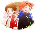  2boys amano_keita american_flag blue_eyes blue_rose brown_eyes brown_hair cherry_blossoms flower freckles japanese_flag jewelry mac_(youkai_watch) male_focus multiple_boys necklace open_clothes open_shirt poko_(ame) popped_collar redhead rose shirt short_hair simple_background smile sunglasses sunglasses_on_head white_background youkai_watch 