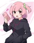  1girl :d assault_lily bangs beamed_eighth_notes black_hoodie blush breasts cellphone clover commentary drawstring earphones earphones four-leaf_clover hand_in_pocket hand_up highres hitotsuyanagi_riri holding holding_phone hood hood_down hoodie listening_to_music long_sleeves looking_at_viewer medium_breasts musical_note one_side_up open_mouth phone pink_background pink_eyes pink_hair pocket short_hair smartphone smile solo standing teeth two-tone_background upper_body upper_teeth white_background yubari_lemon_(lemonlilie) 