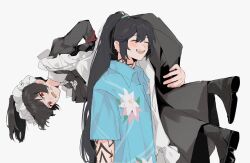  1boy 1girl anger_vein apron arm_tattoo ascot black_ascot black_dress black_hair blue_shirt bound bound_arms carrying_over_shoulder closed_eyes collared_shirt dress floral_print hawaiian_shirt high_ponytail highres hong_lu_(project_moon) juliet_sleeves limbus_company long_hair long_sleeves maid maid_apron maid_headdress munh422 neck_tattoo open_mouth ponytail project_moon puffy_sleeves ryoshu_(project_moon) shirt smile tattoo tingtang_gang_(identity)_(project_moon) very_long_hair white_apron wuthering_heights_(identity)_(project_moon) 