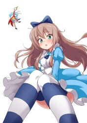  2girls absurdres akagi_(sanoba_witch) alice_(alice_in_wonderland) alice_(alice_in_wonderland)_(cosplay) alice_in_wonderland animal_ears apron aqua_eyes blue_bow blue_dress blue_hair blue_ribbon blush bow brown_hair commentary_request convenient_leg cosplay dress eyes_visible_through_hair fake_animal_ears feet_out_of_frame floating_clothes floating_hair foreshortening frilled_apron frills from_below hair_between_eyes hair_bow highres holding holding_pocket_watch jacket juliet_sleeves knees_together_feet_apart long_hair long_sleeves looking_at_viewer looking_down lsizessize multiple_girls open_clothes open_jacket open_mouth pocket_watch puffy_sleeves rabbit_ears raised_eyebrows red_jacket ribbon sanoba_witch shiiba_tsumugi shirt sidelocks simple_background solo striped_clothes striped_thighhighs tareme thigh-highs twintails watch white_apron white_background white_rabbit_(alice_in_wonderland) white_rabbit_(alice_in_wonderland)_(cosplay) yellow_shirt 