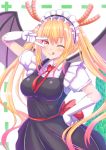  1girl ;q bangs blonde_hair breasts dragon_girl dragon_tail dragon_wings frills gloves gradient_hair hand_on_hip highres horns kobayashi-san_chi_no_maidragon long_hair looking_at_viewer maid maid_headdress medium_breasts multicolored_hair necktie one_eye_closed solo tail tenzeru tongue tongue_out tooru_(maidragon) twintails v_over_eye very_long_hair white_gloves wings 