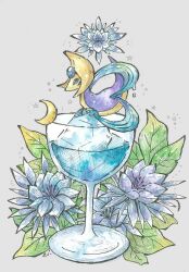  alternate_color colored_skin crescent cresselia cup drinking_glass flower grey_background highres ice leaf multicolored_skin pokemon pokemon_(creature) purple_skin rai_(rai_kw) shiny_pokemon violet_eyes yellow_skin 