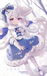  1girl ahoge animal_ear_fluff animal_ears argyle_clothes argyle_legwear artist_name back_bow bell bib blue_bow blue_dress blush borrowed_character bow bowtie capelet commission dress foot_out_of_frame fox_ears fox_girl fox_tail frilled_dress frills full_body fur-trimmed_capelet fur-trimmed_dress fur-trimmed_gloves fur_trim gloves hair_between_eyes hair_bow hair_ornament hair_scrunchie hands_up high_collar highres large_bow large_ears large_tail layered_dress long_hair long_sleeves looking_at_viewer momoyama_momo original outdoors outstretched_arm outstretched_hand pantyhose paw_print_palms print_dress puffy_sleeves red_eyes sakurada_shiro_(hy_plus) sakurada_shiro_(winter)_(hy_plus) scrunchie signature skeb_commission snow solo star_ornament steam striped_clothes striped_dress tail tree vertical-striped_sleeves very_long_hair white_capelet white_footwear white_gloves white_hair white_pantyhose white_sleeves wind winter_clothes 