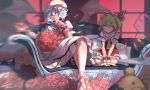  2girls absurdres apple ascot bat_wings blonde_hair crystal dress ege_(597100016) fang fingernails flandre_scarlet food frilled_shirt_collar frilled_skirt frilled_sleeves frills fruit hat hat_ribbon highres holding holding_fruit jewelry lavender_hair legs_crossed looking_at_viewer mob_cap multiple_girls puffy_short_sleeves puffy_sleeves red_eyes remilia_scarlet ribbon short_hair short_sleeves siblings side_ponytail signature sisters sitting skirt spread_wings stuffed_animal stuffed_toy teddy_bear touhou wavy_hair white_legwear wings wrist_cuffs 