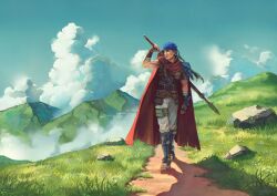  1boy aevi armor blue_eyes blue_hair boots brown_footwear cape day english_commentary fingerless_gloves fire_emblem fire_emblem:_radiant_dawn gloves grass green_headband headband highres holding holding_sword holding_weapon ike_(fire_emblem) male_focus outdoors pants pauldrons red_cape rock shoulder_armor single_pauldron sky sword sword_on_back textless_version thigh_strap walking weapon weapon_on_back white_pants 