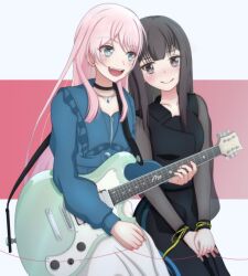  2girls bang_dream! bang_dream!_it&#039;s_mygo!!!!! black_choker black_dress black_eyes black_hair blue_jacket blush chihaya_anon choker closed_mouth collarbone commentary_request dress electric_guitar fang frilled_jacket frills grey_eyes guitar highres holding holding_plectrum instrument jacket jewelry long_hair long_sleeves midori_(bangdreamgh) multiple_girls necklace open_mouth own_hands_together pink_background pink_hair plectrum see-through see-through_sleeves skirt smile string string_of_fate tateishi_rin teeth two-tone_background upper_teeth_only voice_actor_connection white_background white_skirt 