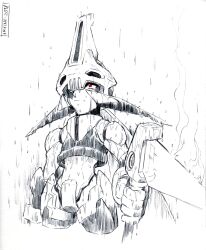  1boy crotch_plate energy_blade highres holding holding_scythe male_focus mega_man_(series) mega_man_zx model_w_(mega_man) monochrome prometheus_(mega_man) rain red_eyes scythe simple_background solo spot_color tomycase white_background 