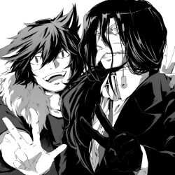  2boys akuma_(puyopuyo) animal_ears cat_boy cat_ears collared_shirt facial_hair gloves greyscale grin hair_between_eyes hand_on_another&#039;s_shoulder humanization jacket long_sleeves looking_at_viewer male_focus monochrome monocle multiple_boys mustache old old_man popoi_(puyopuyo) puyopuyo puyopuyo_fever shigeshiro_hideto shirt simple_background smile suit v white_background 