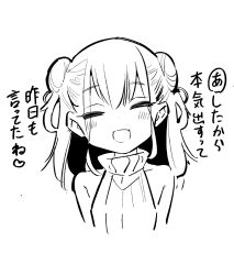  1girl closed_eyes commentary_request double_bun facing_viewer fang flat_chest hair_bun highres medium_hair mesugaki monochrome nikumaru open_mouth original sketch smile solo sweater translation_request turtleneck turtleneck_sweater upper_body 