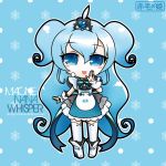  1girl ankle_boots blue_eyes blue_hair bowtie character_request chibi cuffs dress hair_ornament highres macloid macne_nana_whisper official_artwork open_mouth solo stockings tagme thigh_highs very_long_hair 
