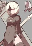  1girl black_dress black_gloves black_legwear blindfold dress facing_viewer gloves grey_background hairband mole mole_under_mouth nier_(series) nier_automata nns_(sobchan) pod_(nier_automata) short_hair solo thigh-highs weapon yorha_no._2_type_b 