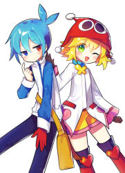  1boy 1girl ;d absurdres amitie_(puyopuyo) antenna_hair arm_at_side black_gloves blonde_hair blue_hair blue_jacket boots brown_bag closed_mouth coat double-parted_bangs expressionless feet_out_of_frame gloves green_eyes hair_between_eyes hand_on_another&#039;s_back hand_up happy heterochromia highres jacket jitome light_blush looking_at_another looking_at_viewer multicolored_clothes multicolored_jacket offbeat one_eye_closed open_mouth pants patting_back pom_pom_(clothes) pom_pom_hat_ornament puyopuyo puyopuyo_20th_anniversary puyopuyo_fever_2 red_amitie red_footwear red_gloves short_hair side-by-side sideways_glance sig_(puyopuyo) simple_background single_glove smile thigh_boots two-tone_jacket waist_bag white_background white_coat white_jacket yellow_footwear zipper 