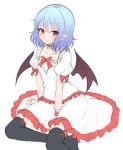  1girl alternate_costume arm_support bat_wings between_legs black_legwear blue_hair blush bow bowtie collarbone dress frills full_body hand_between_legs head_tilt junior27016 looking_at_viewer no_shoes pointy_ears puffy_short_sleeves puffy_sleeves red_bow red_bowtie red_eyes remilia_scarlet ribbon short_hair short_sleeves simple_background sitting smile solo thigh-highs touhou white_background white_dress wings wrist_cuffs yokozuwari 