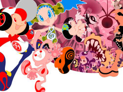  2000s_(style) 4boys 4girls amp_(cool_cool_toon) animal_collar animal_print apron aqua_eyes aqua_hair aqua_outline arm_at_side back_bow bandaged_fingers bandaged_hand bandages bare_arms bare_shoulders baseball_cap bear_print bird black_dress black_eyes black_headphones black_nails black_pants black_skin black_sleeves blonde_hair blue_footwear blue_outline blue_pants blue_pupils blush_stickers bodysuit bolt_(hardware) bow bracelet breasts bug_print building buttons camouflage camouflage_dress camouflage_headwear chasing child claws closed_mouth collar collared_shirt colored_eyelashes colored_skin cool_cool_toon crow crow_(cool_cool_toon) dot_nose dress eyelashes familiar flame_print forehead full_body glasses green_dress green_hat gyoubu_ippei hair_ornament hat high_collar hood impossible_hair ival_(cool_cool_toon) iyamy_(cool_cool_toon) jewelry jpeg_artifacts kamio_(cool_cool_toon) lace-trimmed_dress lace-trimmed_sleeves lace_trim legs_apart lips looking_ahead looking_at_another looking_up medium_breasts multicolored_clothes multicolored_dress multicolored_footwear multicolored_hat multiple_boys multiple_girls musical_note musical_note_print no_lineart object_through_head official_art open_hand open_hands orange_collar orange_dress orange_eyes orange_footwear orange_hair orange_pupils outline panda_print panties pants pink_bodysuit print_apron print_headphones print_headwear print_shirt print_sleeves purple_apron purple_bird purple_collar purple_hat purple_hood purple_sleeves rabbit ranke_(cool_cool_toon) red_collar red_eyes red_sleeves ribbon-trimmed_apron ribbon-trimmed_sleeves ribbon_trim round_eyewear running screw_in_head semi-rimless_eyewear sharp_teeth shirt short_dress sleeve_cuffs sleeveless sleeveless_dress sleeves_past_wrists smile snk spica_(cool_cool_toon) spiked_collar spikes spiky_hair stitched_face stitched_leg stitches striped_clothes striped_panties teeth third-party_source toon_(style) treble_clef turtleneck twintails two-tone_panties two-tone_shirt underwear updo werewolf white_lips white_pants white_rabbit_(animal) white_shirt white_skin white_sleeve_cuffs witch_hat yellow_collar yellow_eyes yellow_headphones yellow_shirt yellow_sleeves yin_yang yin_yang_print yusa_(cool_cool_toon) 