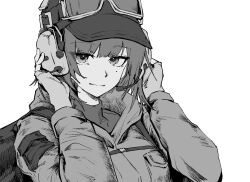  1girl arknights backpack bag ela_(rainbow_six_siege) goggles goggles_on_headwear greyscale hands_on_headwear hat headgear looking_at_viewer military_hat military_uniform mole mole_under_eye monochrome rainbow_six_siege short_hair uniform utsuke 