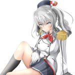  arm_support epaulettes gloves highres kantai_collection kashima_(kantai_collection) kneehighs lace-trimmed_sleeves looking_at_viewer silver_hair skirt smile suisen-21 thighs white_background white_gloves 