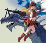  1girl belt blonde_hair blue_eyes boots breasts clouds crop_top dragon elbow_gloves explosive gloves grenade gun hat highres long_hair masao midriff mouth_hold navel original rifle skirt sky solo toned weapon 