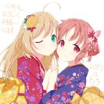  2017 2girls abe_nana ahoge alternate_costume azua_08 blonde_hair blush brown_eyes brown_hair green_eyes hair_bun hair_ornament hand_holding idolmaster idolmaster_cinderella_girls japanese_clothes kimono light_brown_hair long_hair multiple_girls obi one_eye_closed sash satou_shin short_hair simple_background smile solo white_background 