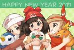  2017 310123 3girls :d :o absurdres animal animal_between_breasts animal_hug bangs beanie bird black_hair blue_eyes blush bracelet breasts brown_hair buttons checkered checkered_background dress female_protagonist_(pokemon_sm) green_background grin hair_ornament hair_ribbon happy_new_year haruka_(pokemon) haruka_(pokemon)_(remake) hat highres hikari_(pokemon) hug jewelry long_hair long_sleeves looking_at_viewer multiple_girls new_year one_eye_closed open_mouth piplup pokemon pokemon_(creature) pokemon_(game) pokemon_dppt pokemon_oras pokemon_sm red_dress red_hat ribbon rowlet scarf shirt short_hair short_sleeves sleeveless sleeveless_shirt smile swept_bangs t-shirt torchic upper_body z-ring 