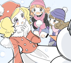  3girls beanie blonde_hair blue_hat blush_stickers brown_hair hat holding holding_snowball jacket multiple_girls open_mouth pink_hat pink_scarf poet_(pop&#039;n_music) pom_pom_(clothes) pom_pom_beanie pop&#039;n_music red_hat red_jacket rie-chan sanae-chan scarf sgwyi skirt smile snowball snowing snowman white_skirt winter 