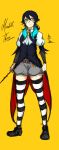  1girl absurdres black_shoes blue_hair cape cravat fatuus highres looking_up meredith_thorne shoes short_hair shorts striped striped_legwear tailcoat thigh-highs waistcoat wand weapon yellow_eyes zettai_ryouiki 