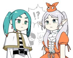  ! !? 2boys 2girls ? aqua_hair araragi_koyomi bbyong403 belt capelet commentary cosplay dot_nose earrings elf frieren frieren_(cosplay) gold_trim green_eyes himmel_(sousou_no_frieren) jewelry monogatari_(series) multiple_boys multiple_girls ononoki_yotsugi ononoki_yotsugi_(cosplay) pointy_ears sousou_no_frieren spoken_exclamation_mark spoken_question_mark symbol-only_commentary twintails white_background white_capelet white_hair 