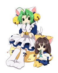  2girls absurdres ahoge animal_ear_hairband animal_ears animal_hands apron aqua_neckerchief bell blue_dress blue_sailor_collar brown_eyes brown_hair cat_ear_hairband cat_ears cat_girl cat_paws cat_tail dejiko di_gi_charat dress eating fake_animal_ears food frilled_apron frills full_body gloves green_eyes green_hair hair_bell hair_between_eyes hair_ornament hairband highres holding holding_food igusaharu long_hair low_twintails multiple_girls neck_bell neckerchief parted_bangs puchiko puffy_short_sleeves puffy_sleeves sailor_collar short_hair short_sleeves sitting tail twintails twitter_username white_apron white_background white_gloves 