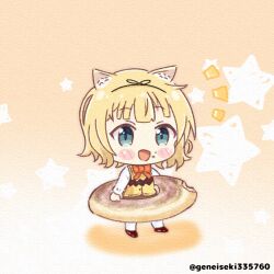  animal_ears blonde_hair bow bowtie chibi doughnut fluffy_hair food food_on_face geneiseki gochuumon_wa_usagi_desu_ka? green_eyes in_food kirima_syaro mini_person minigirl rabbit_ears rabbit_girl rabbit_house_uniform red_bow red_bowtie short_hair vest waitress yellow_vest 