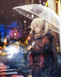  1girl absurdres backpack bag blue_eyes cellphone character_name commentary_request copyright_name cowboy_shot fake_photograph girls&#039;_frontline_neural_cloud girls_frontline highres holding holding_phone holding_umbrella jacket lam_(neural_cloud) long_hair lwmmg_(girls&#039;_frontline) mask mask_pull mouth_mask multicolored_hair official_art outdoors phone pink_hair polaroid_photo rain rff_(3_percent) scarf shorts smartphone solo talking_on_phone transparent transparent_umbrella twintails umbrella valentine white_hair 