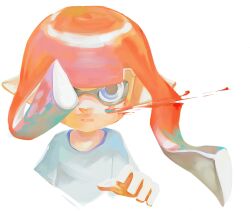  1girl blue_eyes floating_hair highres inkling inkling_girl inkling_player_character long_hair looking_at_viewer open_mouth orange_hair ouoxz0t881876 pointy_ears shirt simple_background solo splatoon_(series) tentacle_hair white_background white_shirt 