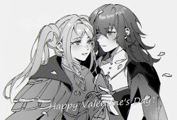  2girls blush byleth_(female)_(fire_emblem) byleth_(fire_emblem) cape coat coat_on_shoulders collared_cape commentary_request commission couple detached_collar edelgard_von_hresvelg english_commentary falling_petals fire_emblem fire_emblem:_three_houses from_side grey_background hair_between_eyes hand_up hands_up happy_valentine highres holding holding_hands jewelry long_hair looking_at_another looking_to_the_side monochrome multiple_girls parted_lips pendant petals shiinakojima side_ponytail simple_background smile standing wavy_hair yuri 