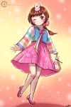 1girl alternate_costume artist_name blush brown_eyes brown_hair bunny_hair_ornament d.va_(overwatch) gradient gradient_background hair_ornament hair_ribbon hanbok holding korean_clothes light_particles long_hair long_sleeves looking_at_viewer lumineko orange_background overwatch palanquin_d.va patreon pink_shoes ponytail ribbon shoes signature sketch smile solo traditional_clothes watermark web_address whisker_markings yellow_background younger 
