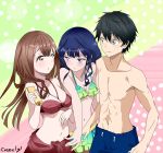  1boy 2girls adagaki_aki angry bikini bikini_skirt black_hair blue_hair boy brown_hair creevily deviantart female_swimwear fujinomiya_neko long_hair makabe_masamune male_swimwear masamune-kun_no_revenge shirtless shorts sunblock surprised swim_trunks towel 