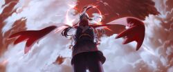  1girl 987645321o absurdres akari_(pokemon) black_hair black_sash clouds commentary_request floating_hair green_eyes hair_over_one_eye head_scarf highres jacket korean_commentary long_hair looking_down outdoors pantyhose pokemon pokemon_legends:_arceus red_pupils red_scarf sash scarf sidelocks skirt sky solo 