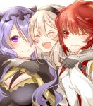  3girls arm_around_neck armor camilla_(fire_emblem_if) female_my_unit_(fire_emblem_if) fire_emblem fire_emblem_if girl_sandwich hair_over_one_eye hinoka_(fire_emblem_if) long_hair multiple_girls my_unit_(fire_emblem_if) purple_hair red_eyes redhead rojiura-cat sandwiched short_hair siblings sisters 