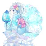  1girl bangs blue_hair flower hair_flower hair_ornament highres japanese_clothes kimono long_hair nengajou new_year obi original sash seahorse smile solo violet_eyes warrose 